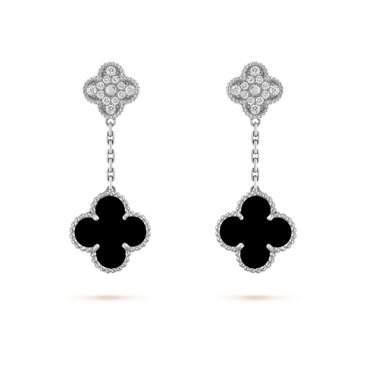 [⭐Veyra]CLOVER 2 MOTIFS  DIAMOND ONYX EARRINGS SILVER