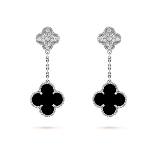 [⭐Veyra]CLOVER 2 MOTIFS  DIAMOND ONYX EARRINGS SILVER