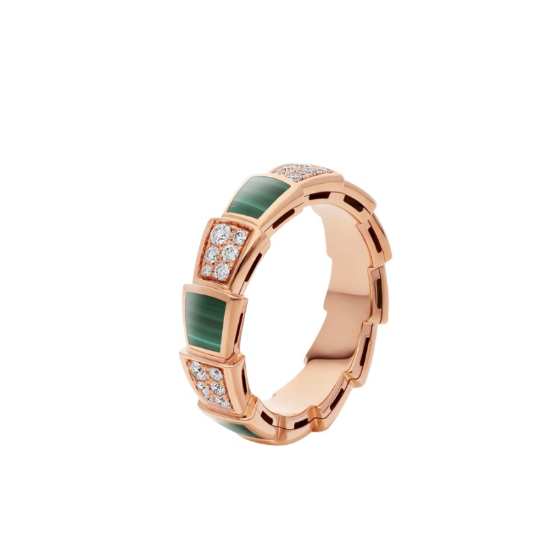 [⭐Veyra]SERPENTI RING PINK GOLD MALACHITE DIAMOND PAVED 4MM