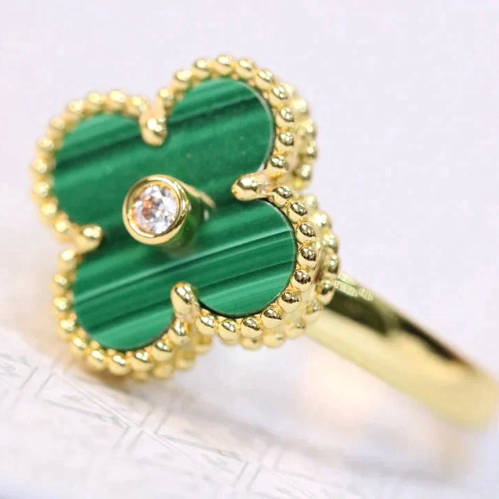 [⭐Veyra]CLOVER MALACHITE RING GOLD DIAMOND