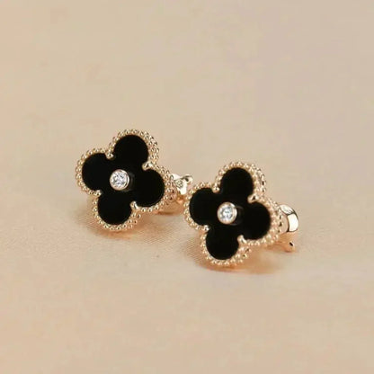 [⭐Veyra]CLOVER MEDIUM 1 MOTIFS ONYX DIAMOND EARRINGS