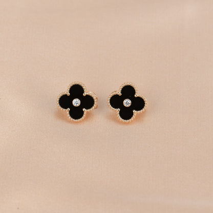 [⭐Veyra]CLOVER MEDIUM 1 MOTIFS ONYX DIAMOND EARRINGS