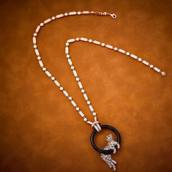 [⭐Veyra jewelrys]NEW BLACK CIRCLE PANTHER FULL DIAMOND NECKLACE