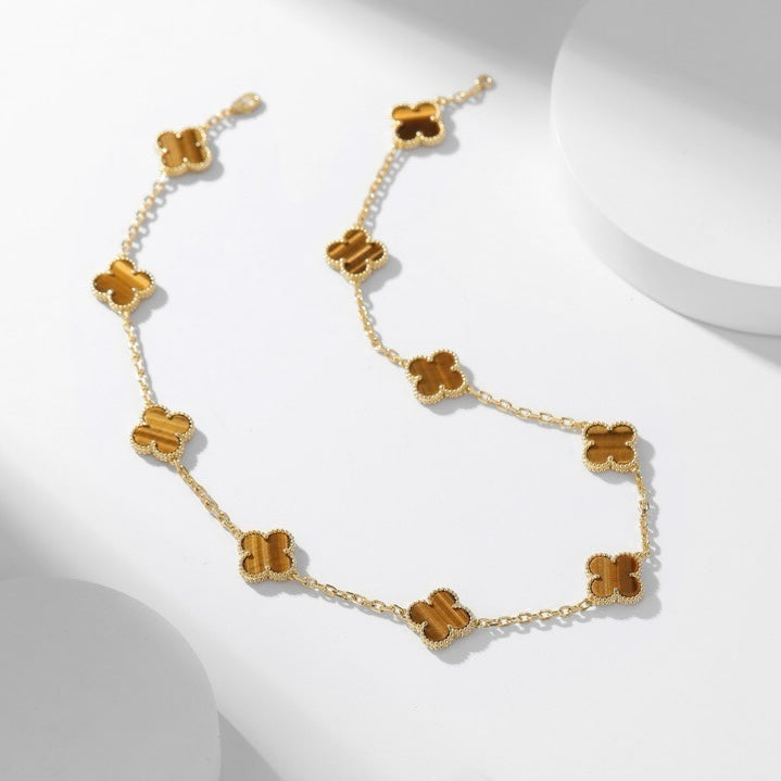 [⭐Veyra]CLOVER 10 MOTIFS TIGER EYE NECKLACE