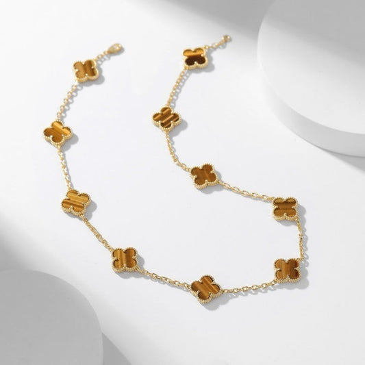 [⭐Veyra]CLOVER 10 MOTIFS TIGER EYE NECKLACE