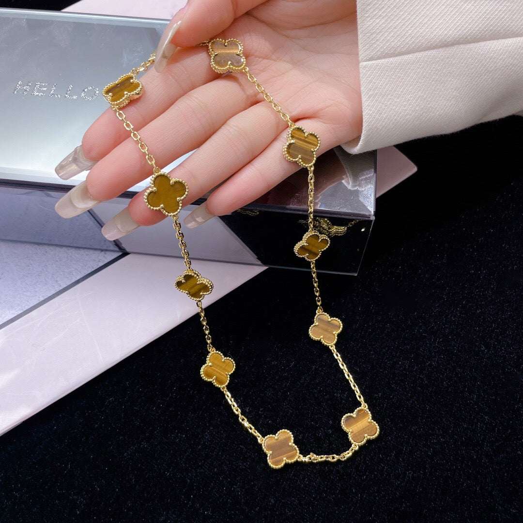 [⭐Veyra]CLOVER 10 MOTIFS TIGER EYE NECKLACE
