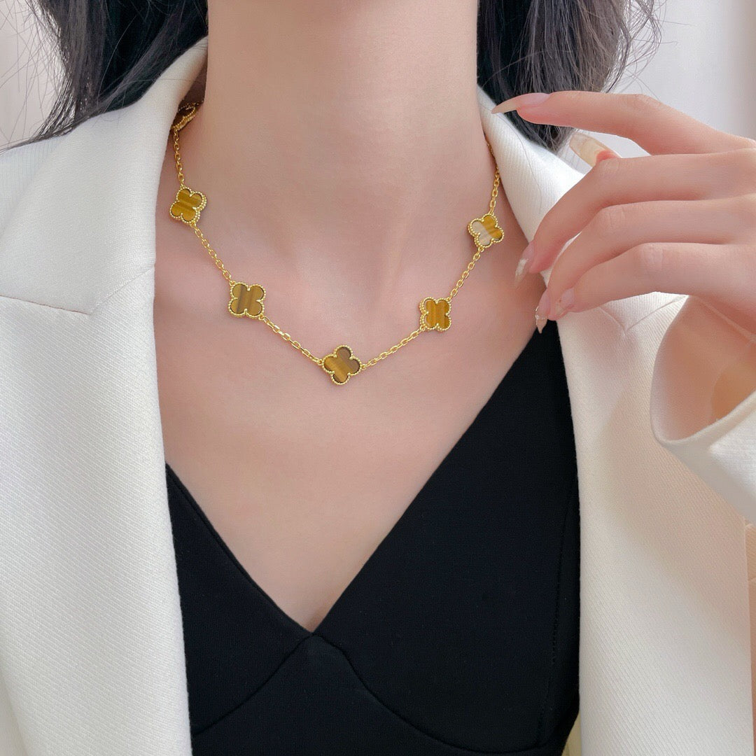 [⭐Veyra]CLOVER 10 MOTIFS TIGER EYE NECKLACE