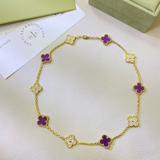 [⭐Veyra Jewelry]CLOVER 10 MOTIFS  PURPLE VIOLET DIAMOND NECKLACE