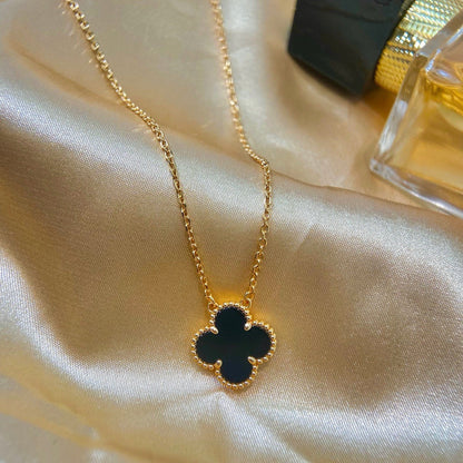 [⭐Veyra]CLOVER 15MM BLACK ONYX SINGLE FLOWER NECKLACE
