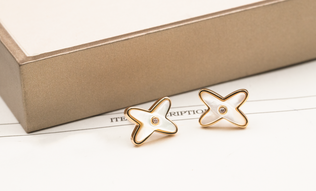 [⭐Veyra]JEUX DE WHITE MOP PINK GOLD DIAMOND EARRINGS