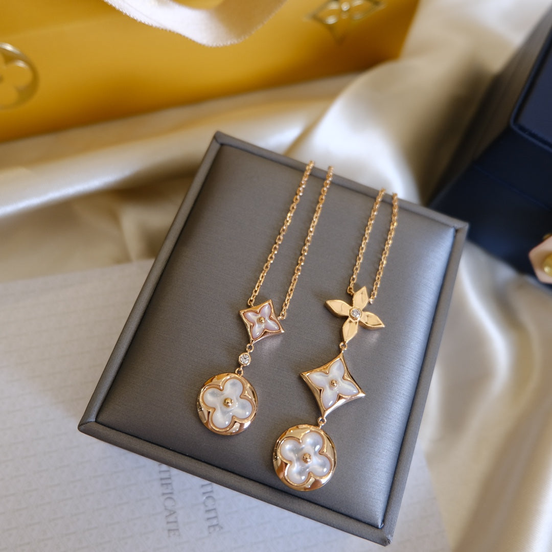 [⭐Veyra]COLOR BLOSSOM LARIAT NECKLACE PINK GOLD WHITE MOTHER PEARL AND DIAMOND