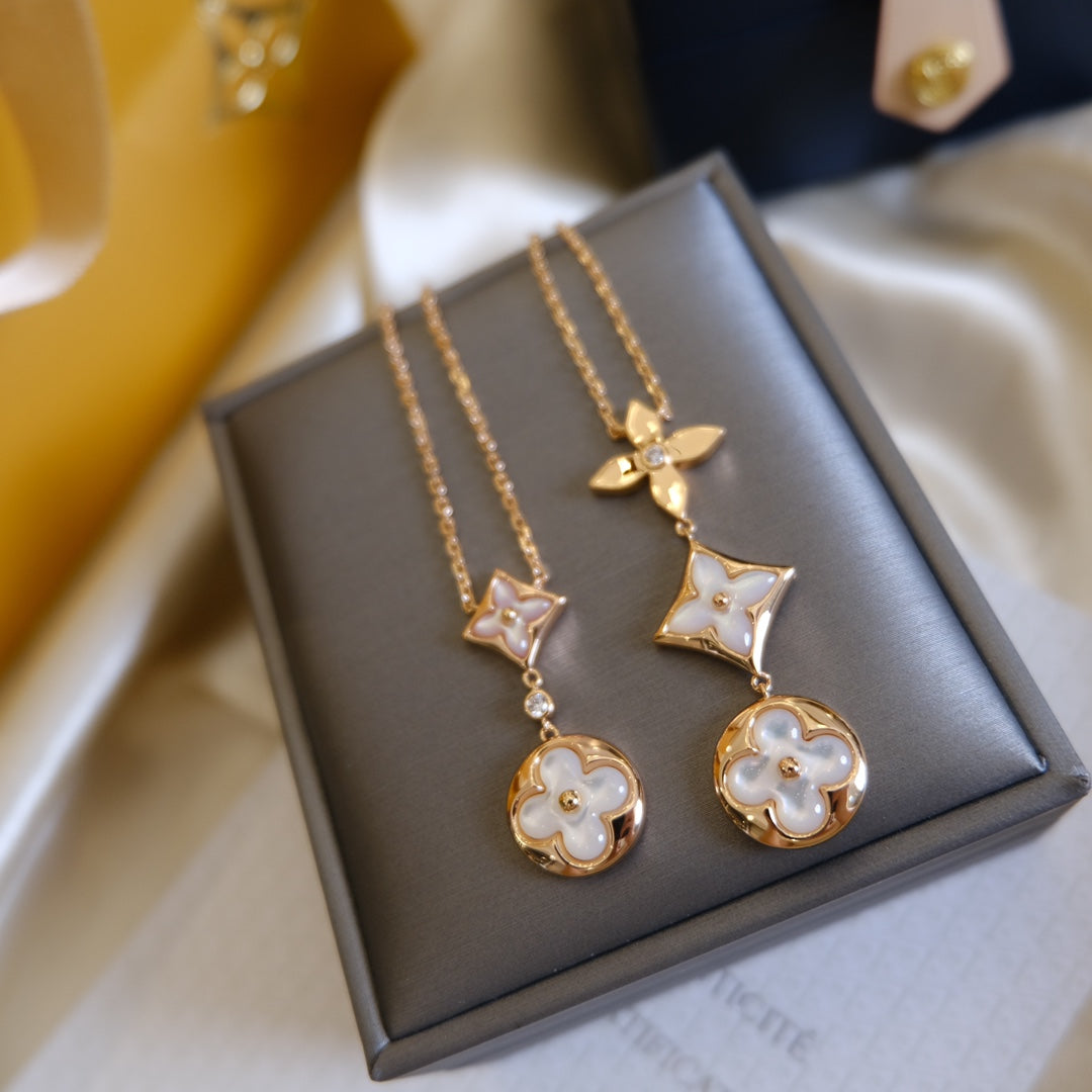 [⭐Veyra]COLOR BLOSSOM LARIAT NECKLACE PINK GOLD WHITE MOTHER PEARL AND DIAMOND