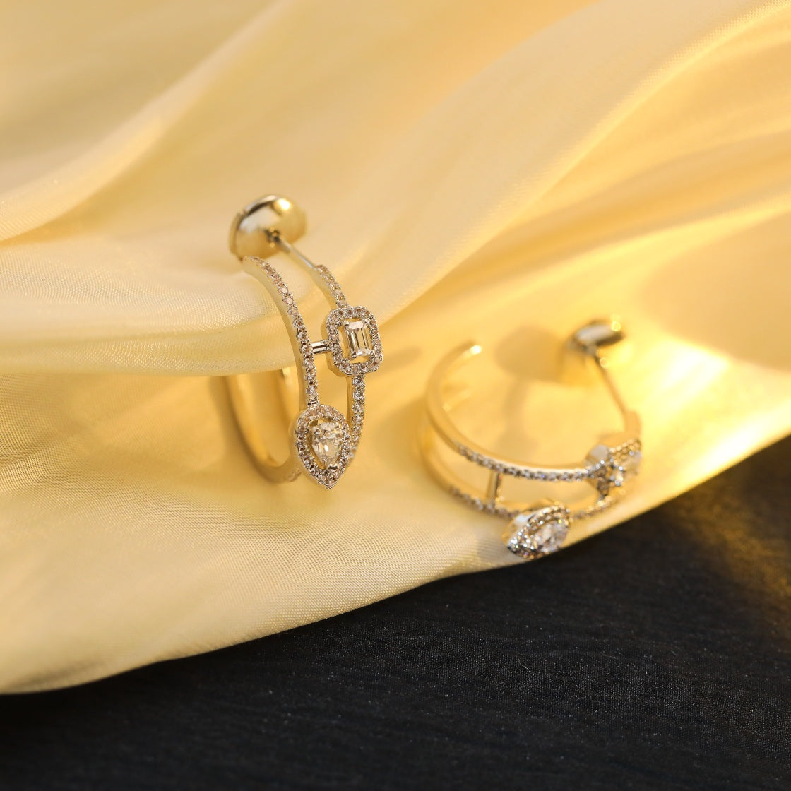 [⭐Veyra]CREOLES MY TWIN 2 RANGS SILVER DIAMOND EARRINGS
