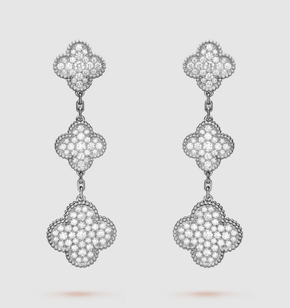 [⭐Veyra]CLOVER 3 MOTIF DIAMOND SILVER DROP EARRINGS