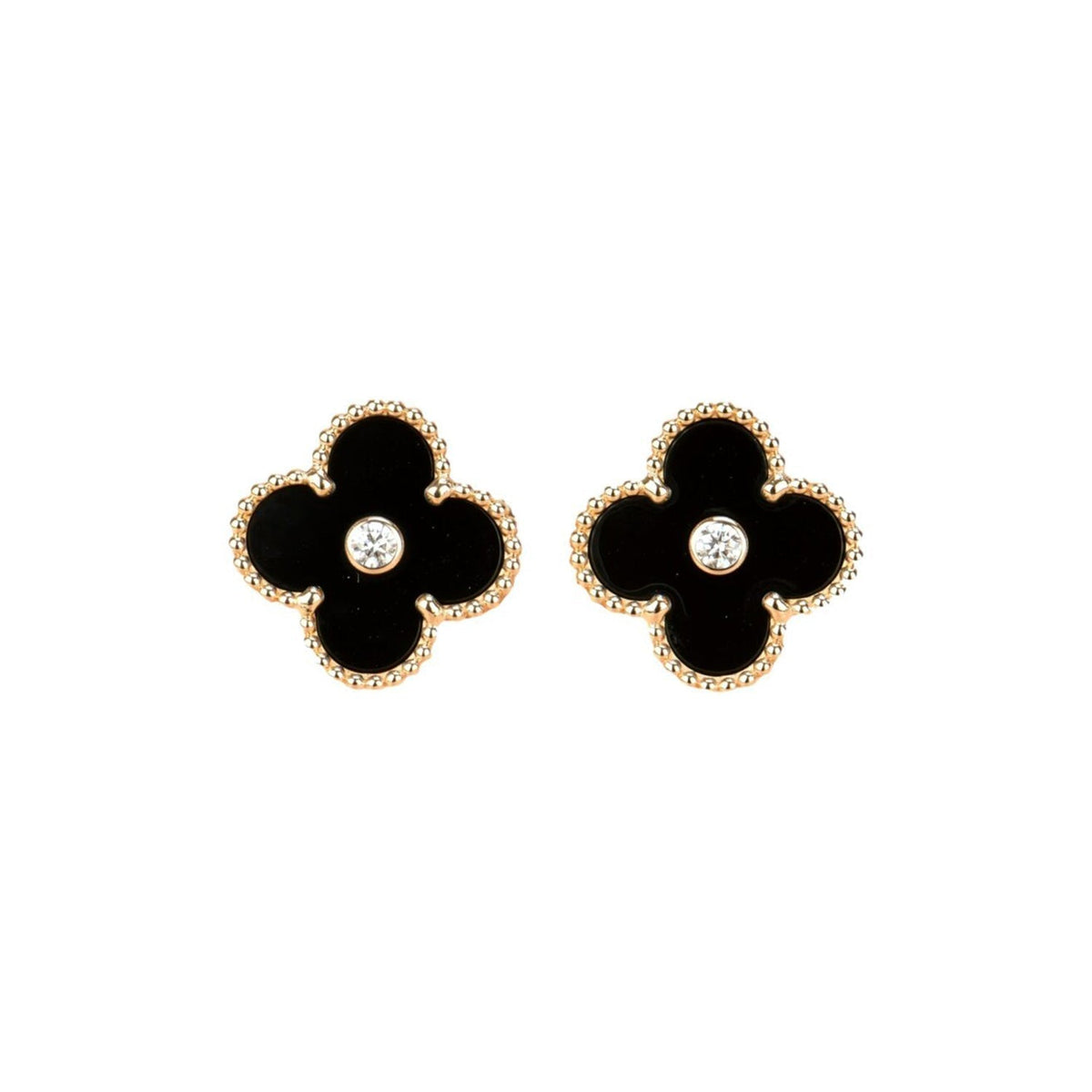 [⭐Veyra]CLOVER MEDIUM 1 MOTIFS ONYX DIAMOND EARRINGS