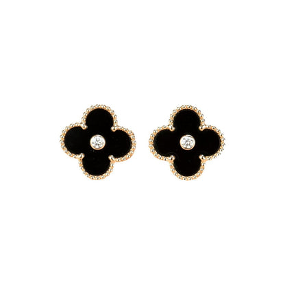 [⭐Veyra]CLOVER MEDIUM 1 MOTIFS ONYX DIAMOND EARRINGS