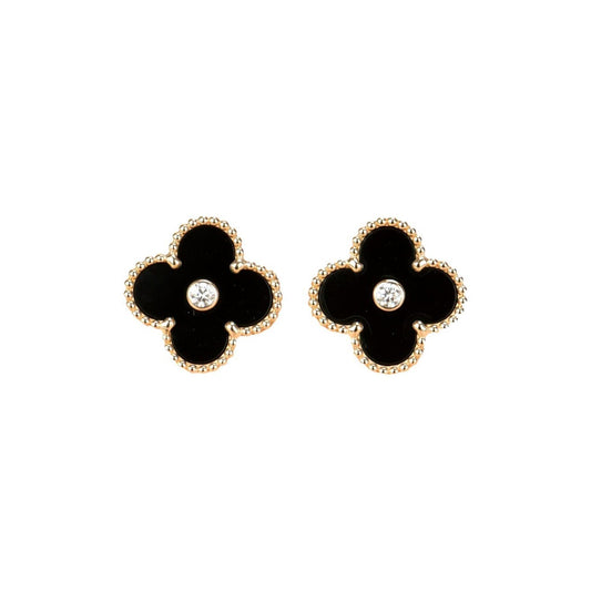 [⭐Veyra]CLOVER MEDIUM 1 MOTIFS ONYX DIAMOND EARRINGS