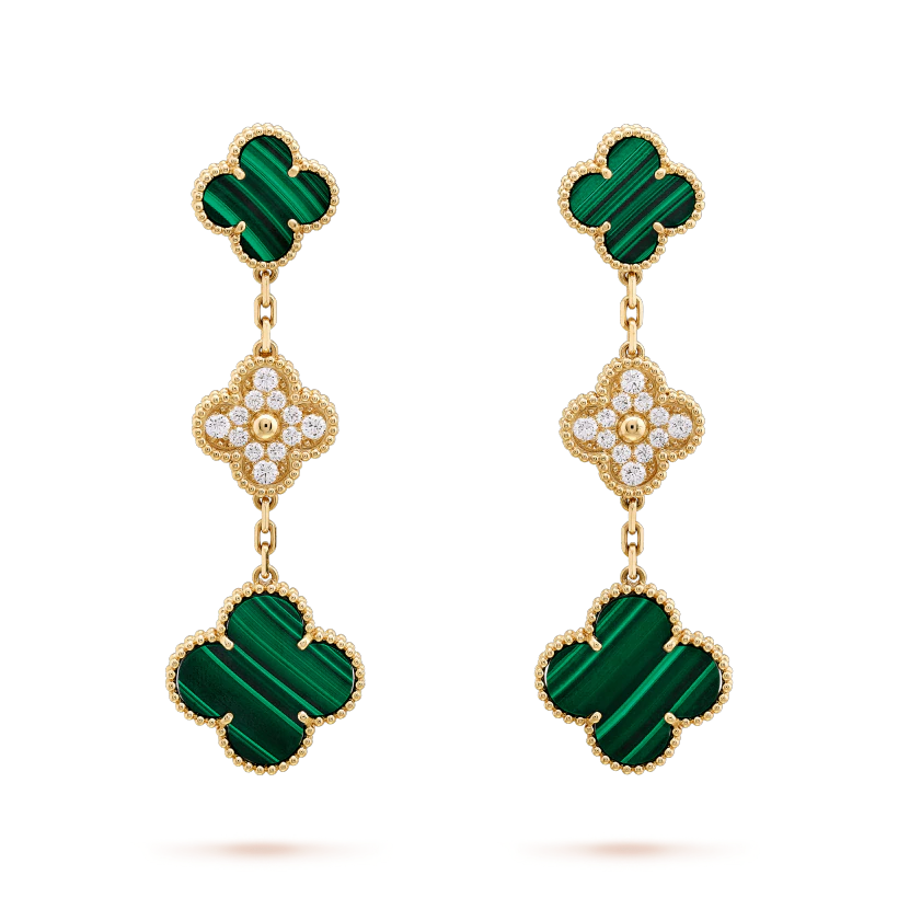 [⭐Veyra]CLOVER EARRINGS GOLD MALACHITE DIAMOND 3 MOTIF