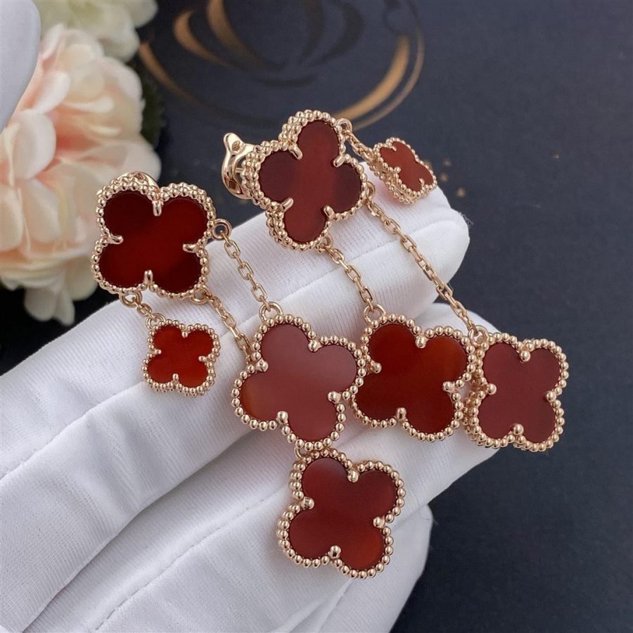 [⭐Veyra]CLOVER EARRINGS CARNELIAN 4 MOTIFS PINK GOLD