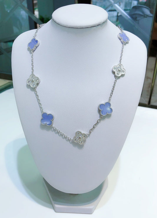 [⭐Veyra]CLOVER 10 MOTIFS CHALCEDONY DIAMONDS SILVER NECKLACE