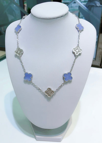 [⭐Veyra]CLOVER 10 MOTIFS CHALCEDONY DIAMONDS SILVER NECKLACE