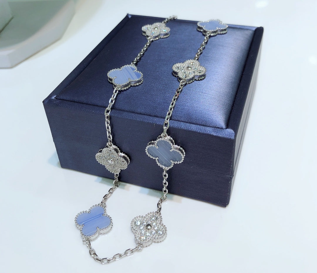 [⭐Veyra]CLOVER 10 MOTIFS CHALCEDONY DIAMONDS SILVER NECKLACE