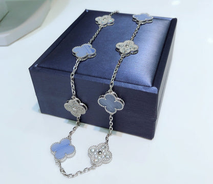 [⭐Veyra]CLOVER 10 MOTIFS CHALCEDONY DIAMONDS SILVER NECKLACE