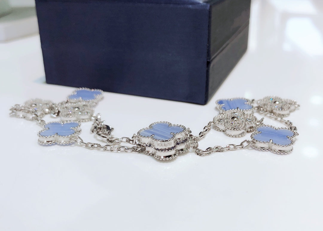 [⭐Veyra]CLOVER 10 MOTIFS CHALCEDONY DIAMONDS SILVER NECKLACE