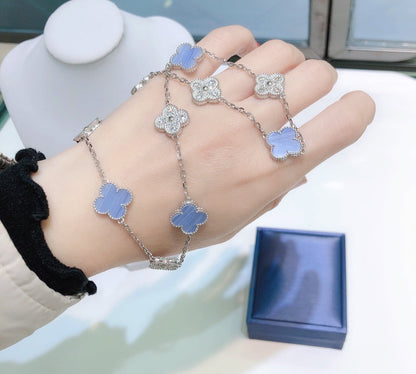 [⭐Veyra]CLOVER 10 MOTIFS CHALCEDONY DIAMONDS SILVER NECKLACE