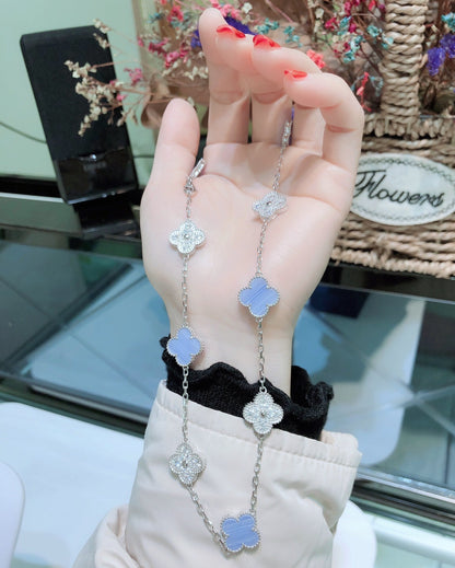 [⭐Veyra]CLOVER 10 MOTIFS CHALCEDONY DIAMONDS SILVER NECKLACE