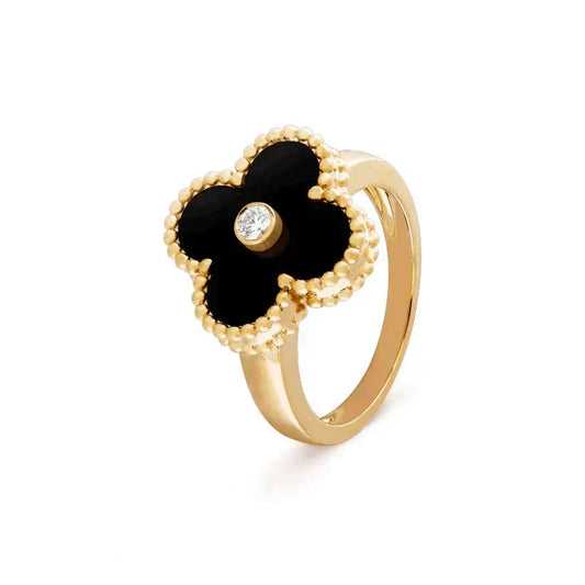 [⭐Veyra]CLOVER ONYX RING GOLD DIAMOND