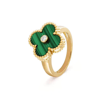 [⭐Veyra]CLOVER MALACHITE RING GOLD DIAMOND